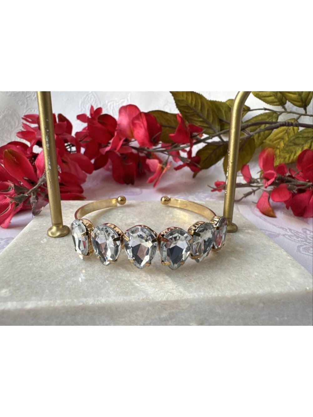 Teardrop Faux Crystal Silver Goldtone Rhinestone Cuff Bracelet Womens Party NEW